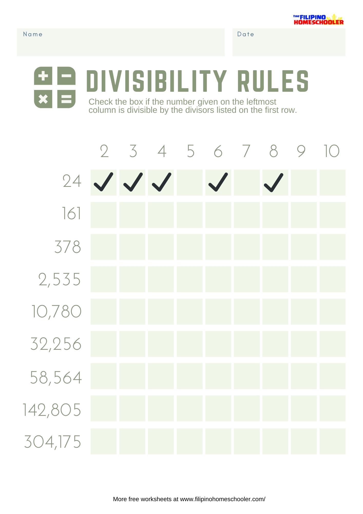 Divisibility Of Numbers Worksheets