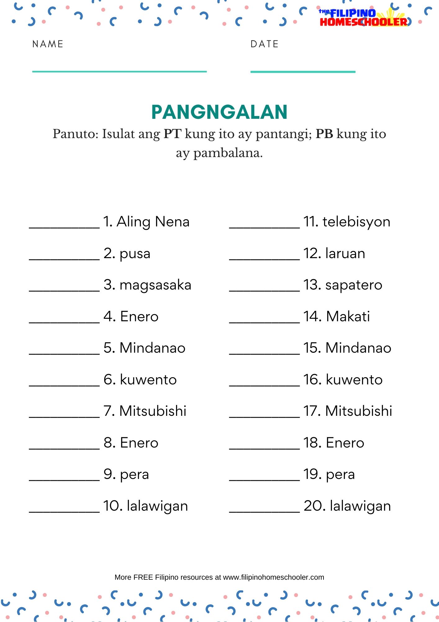 pang uring panlarawan at pamilang worksheet