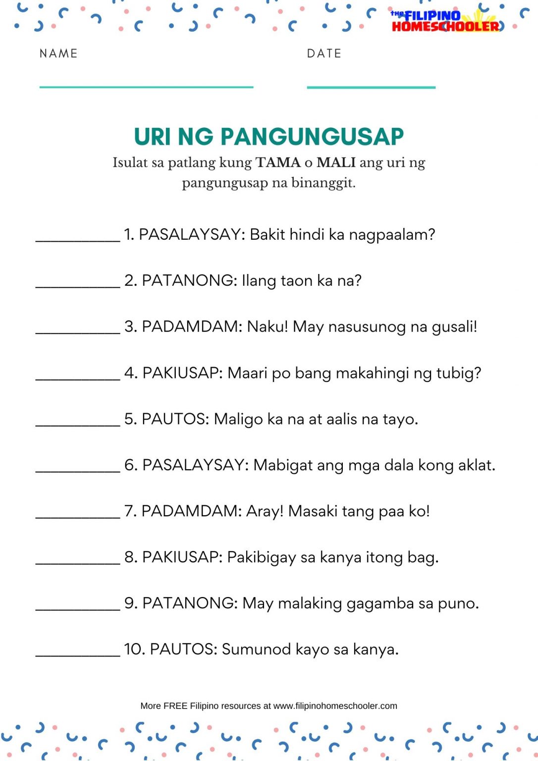 Uri Ng Pangungusap Worksheets — The Filipino Homeschooler