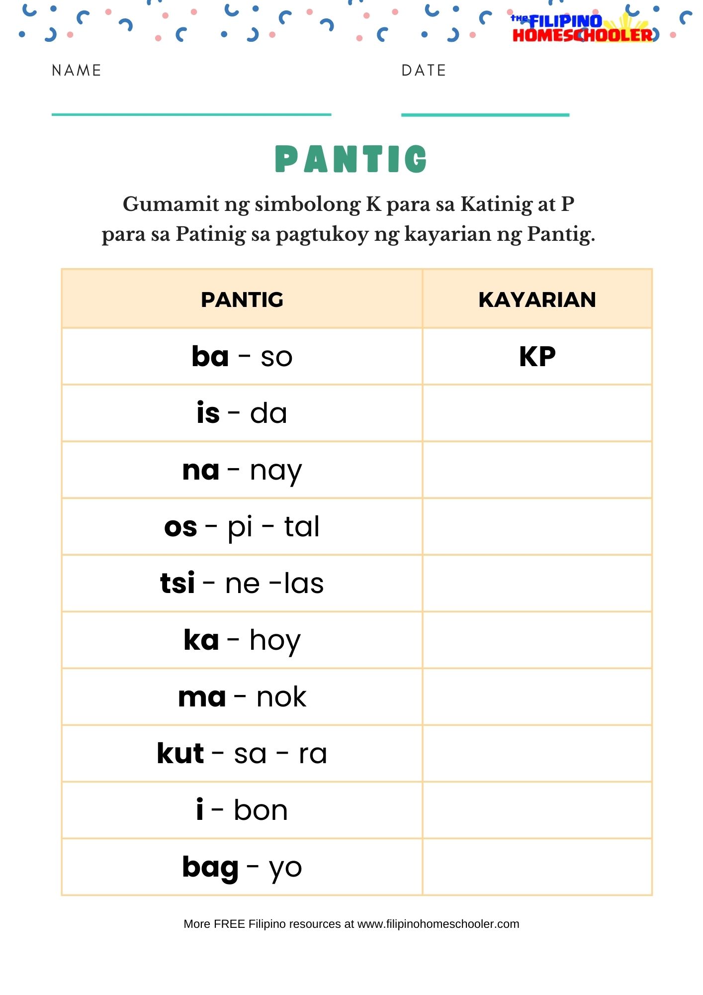 Pantig FREE Filipino Worksheets The Filipino Homeschooler