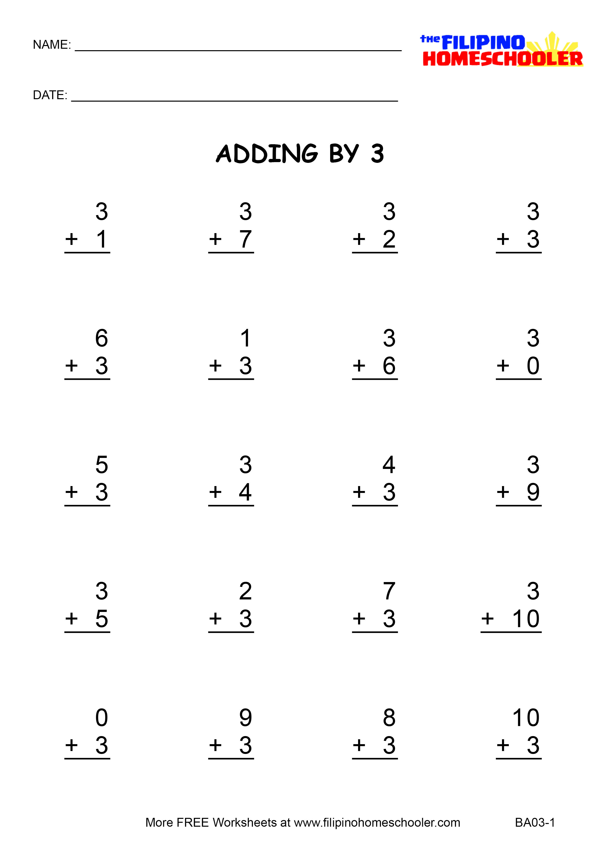 Adding By 3 Worksheets And Teaching Strategies The Filipino Homeschooler Fast math addition worksheets