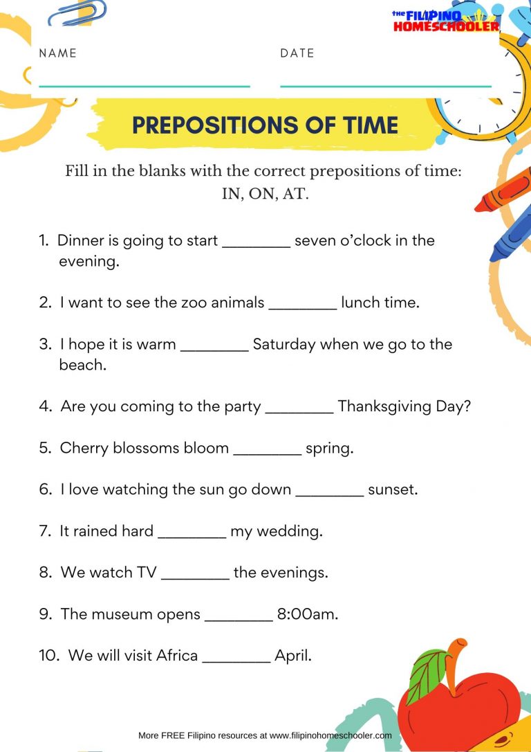 IN, ON, AT Prepositions of Time Worksheet — The Filipino