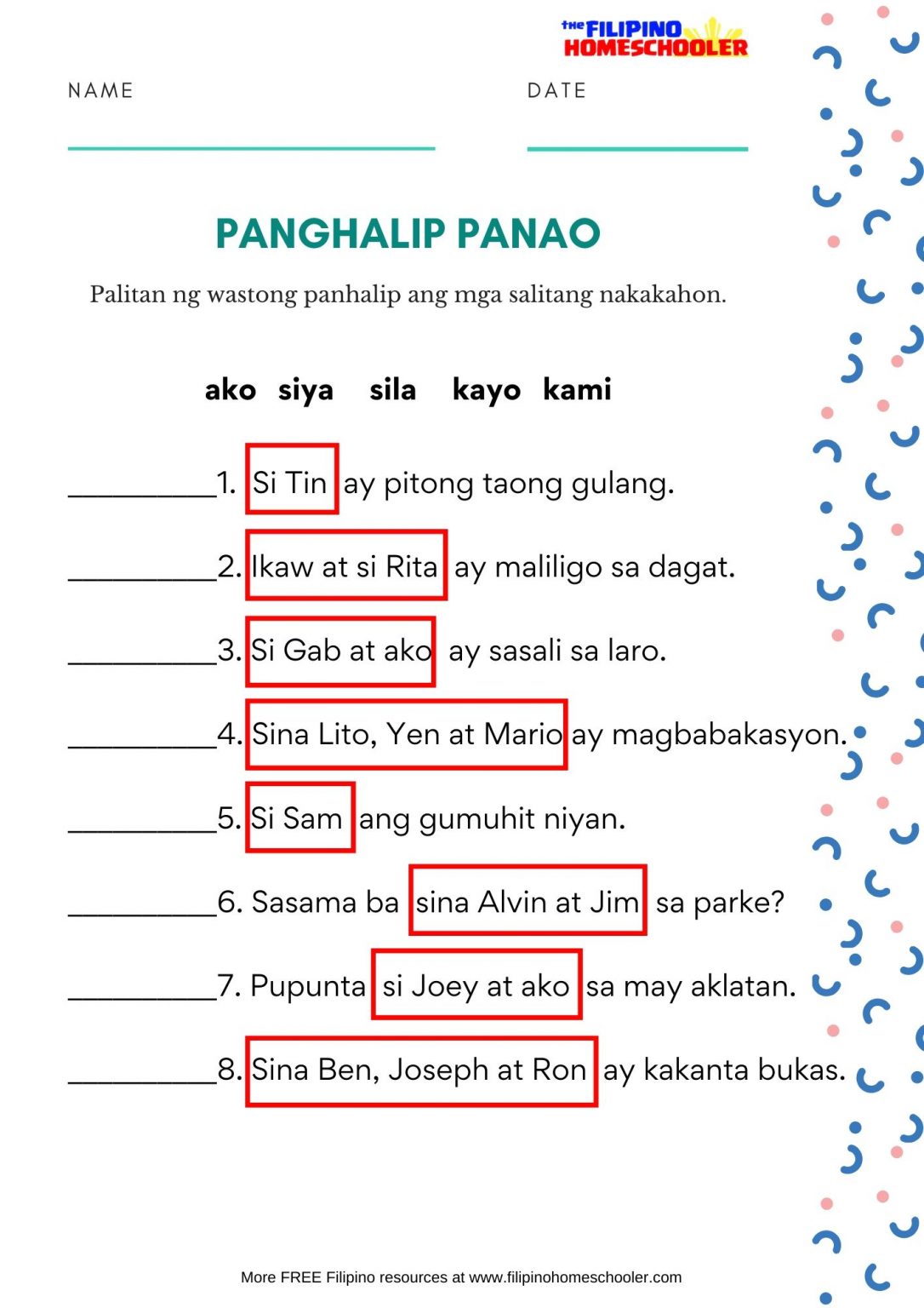 Free Panghalip Panao Worksheet SET 2 — The Filipino Homeschooler