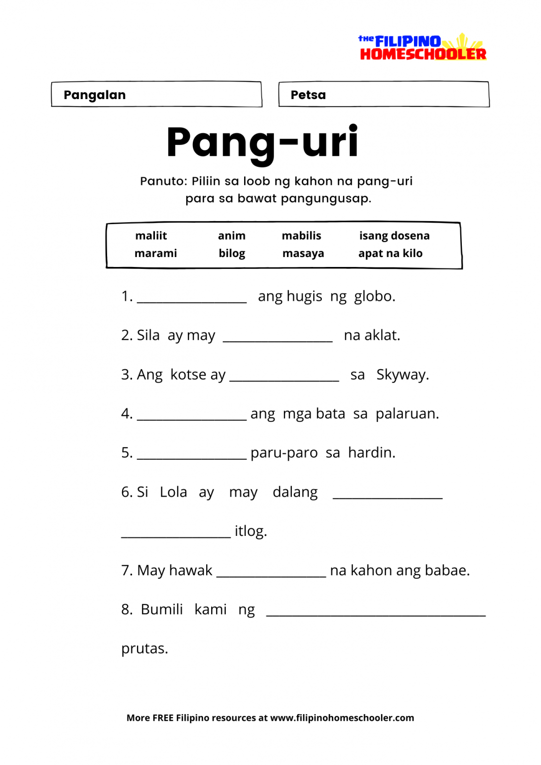 Mga Uri ng Pang-uri Worksheets — The Filipino Homeschooler