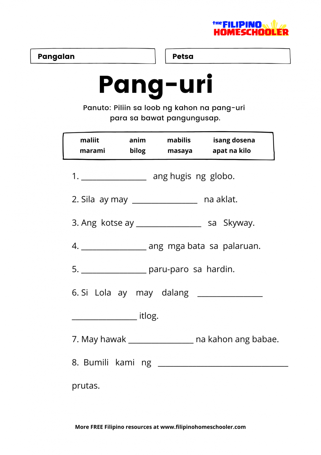 Pagsusulit Sauri Ng Pang Uri Worksheet - Mobile Legends